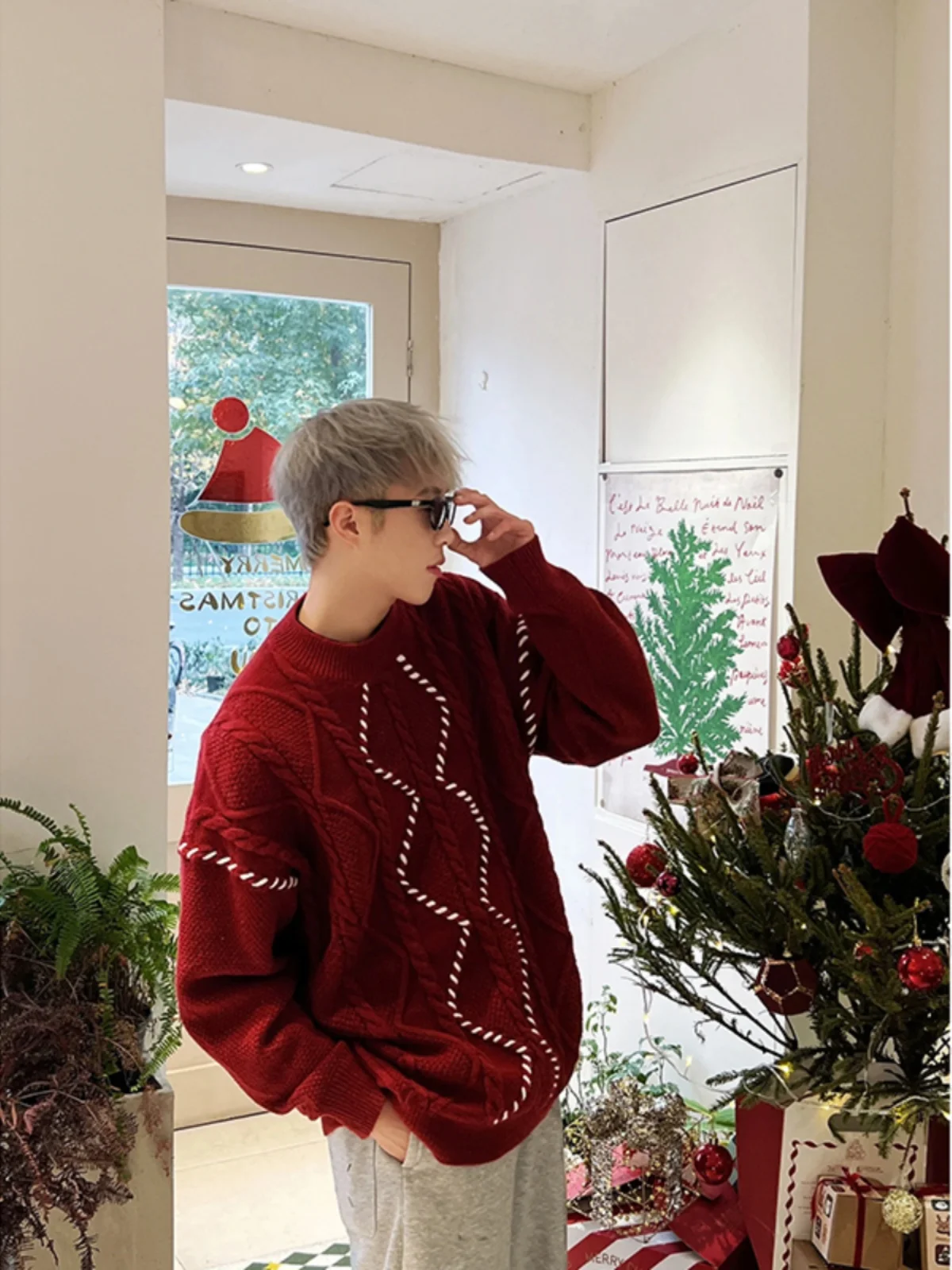 

Красный вязаный свитер мужской зимний с круглым вырезом, пуловер Cleanfit в американском стиле, новогодний, повседневный, свободного кроя, с длинными рукавами