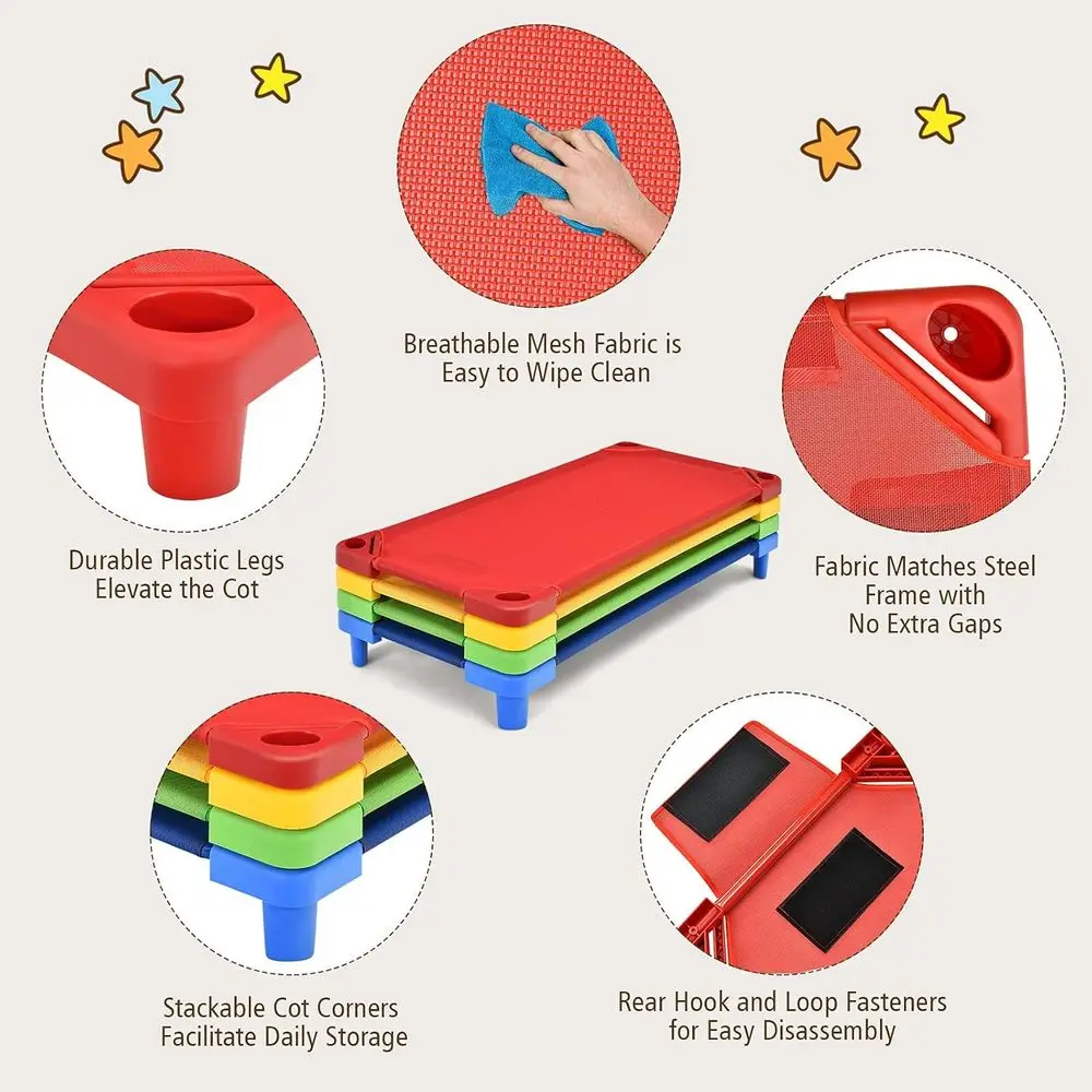 Stackable Kids Nap Cot, Space-Saving Sleep Bed with Liftable Corners, Easy Assembly, Ideal for Preschool and Daycare, 4-Pack Mul