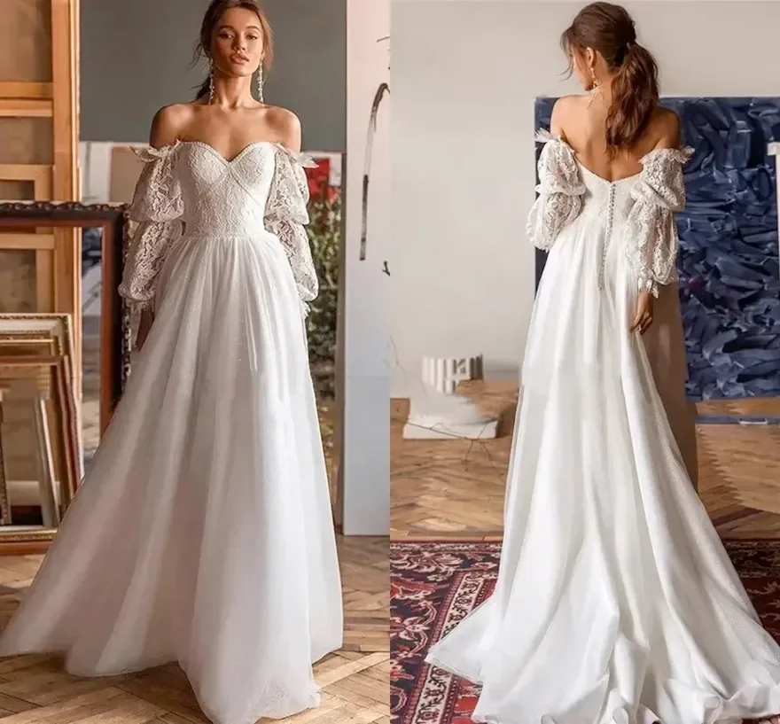 

Customized New Elegant Sexy Sweetheart Backless Fluffy Long Sleeve Bohemian Wedding Dress Beach Garden A-Line Bridal Dress 2025
