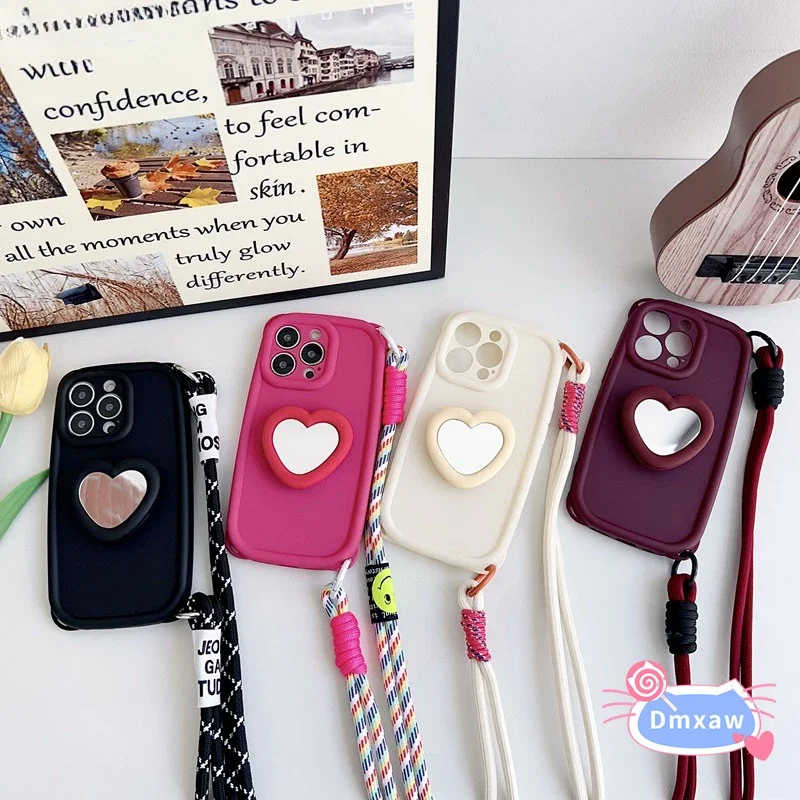 For Huawei Huawei P50 P40 P30 Pro Plus Nova 10 9 8 Pro SE Phone Case Love Mirror Bracket+Long Hanging Rope Soft Silicone Cover