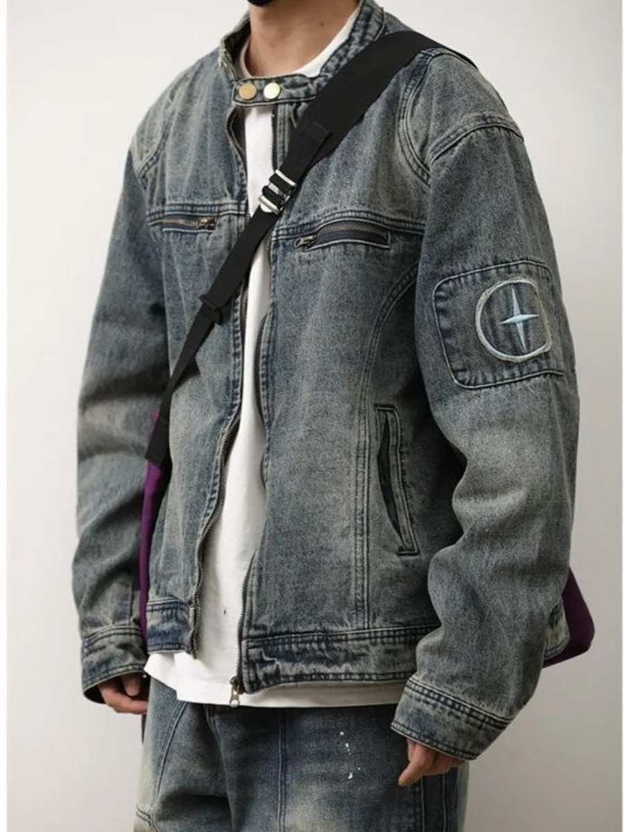 Vintage Denim Jacket Men Chic Moto Distressed Washed Texture Top Casual Street Embroidered Arm Patch Button Collar Jacket