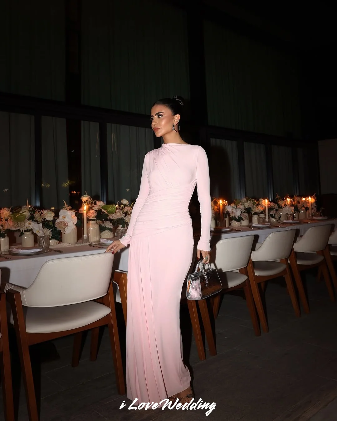 Rosa alta pescoço vestidos de baile 2025 manga longa sereia até o chão vestidos de noite vestidos de festa de casamento personalizado