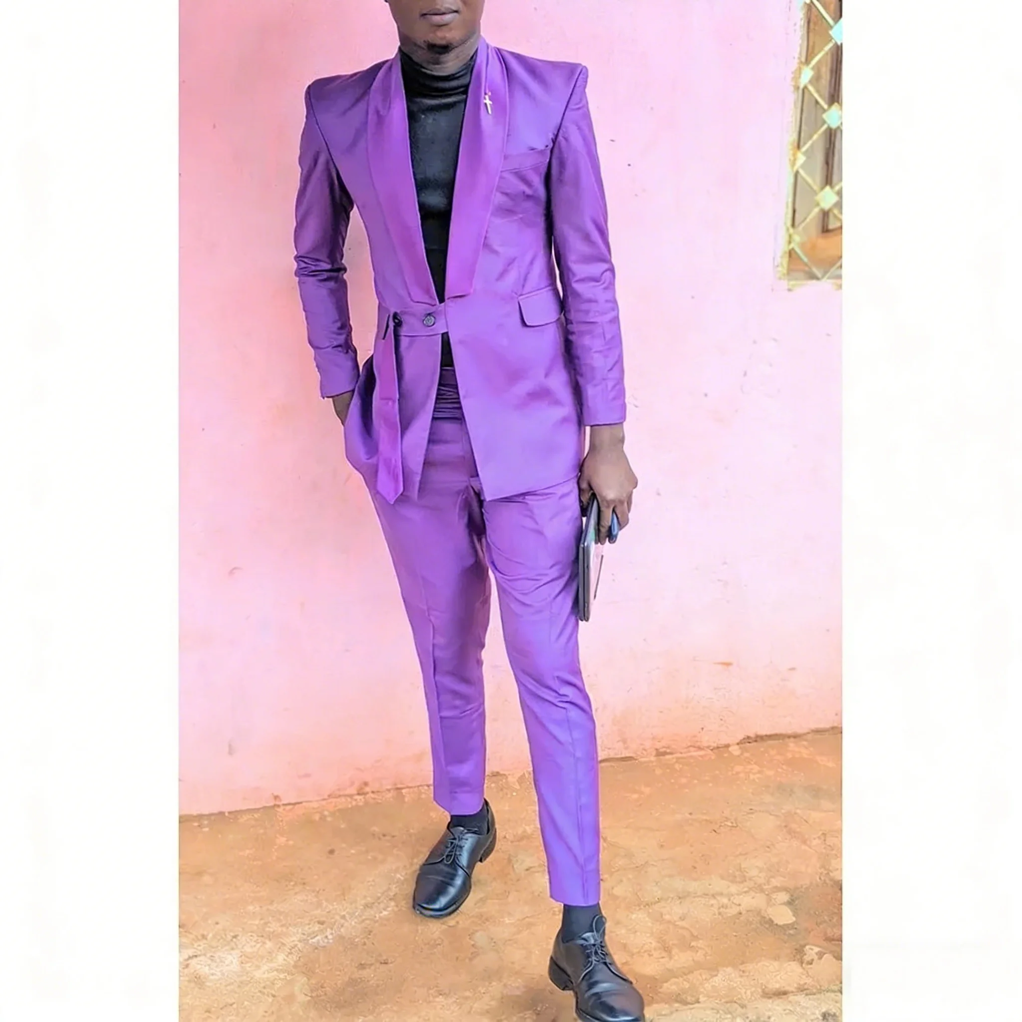 

Purple Men Suits With Belt 2 Pieces Jacket+Pants shawl Lapel Casual Party Prom Wedding Groom Blazer Sets Custom Male Outfits