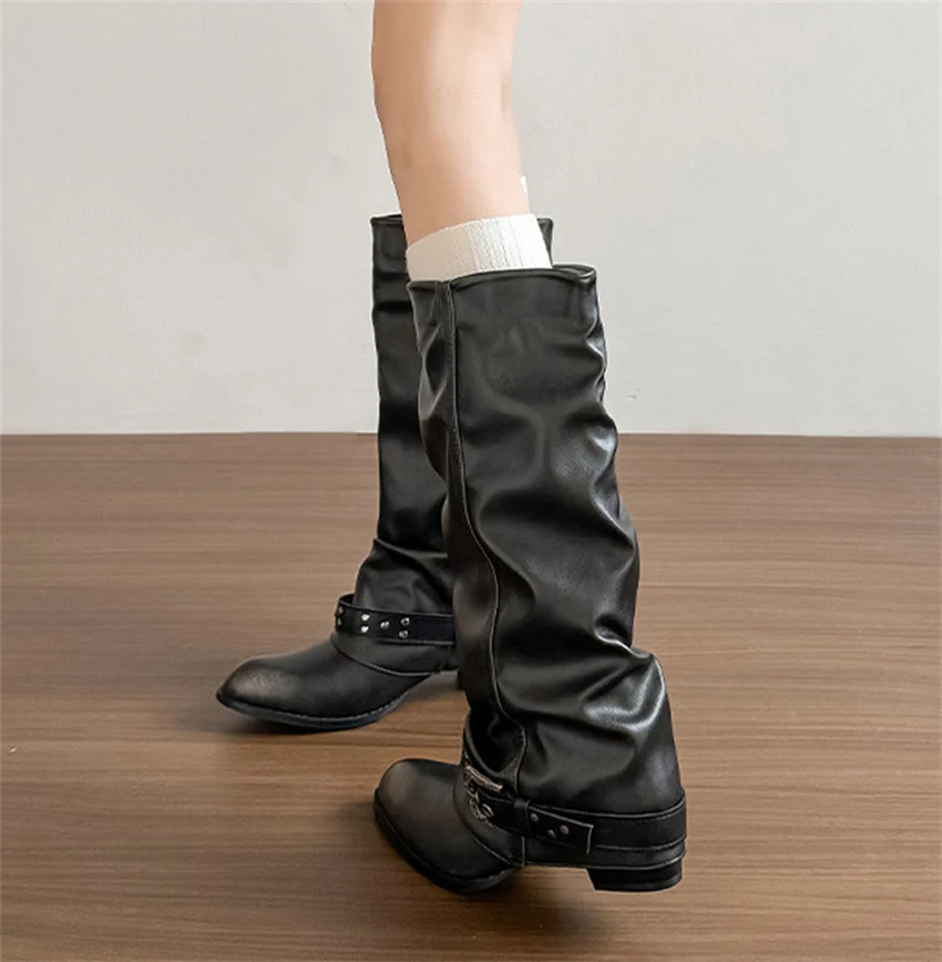Punk-Style Belt Buckle Mid-Calf Boots for Women Square Heel Motorcycle Boots Pu Leather Pleated Boots Street Retro Riding Boots