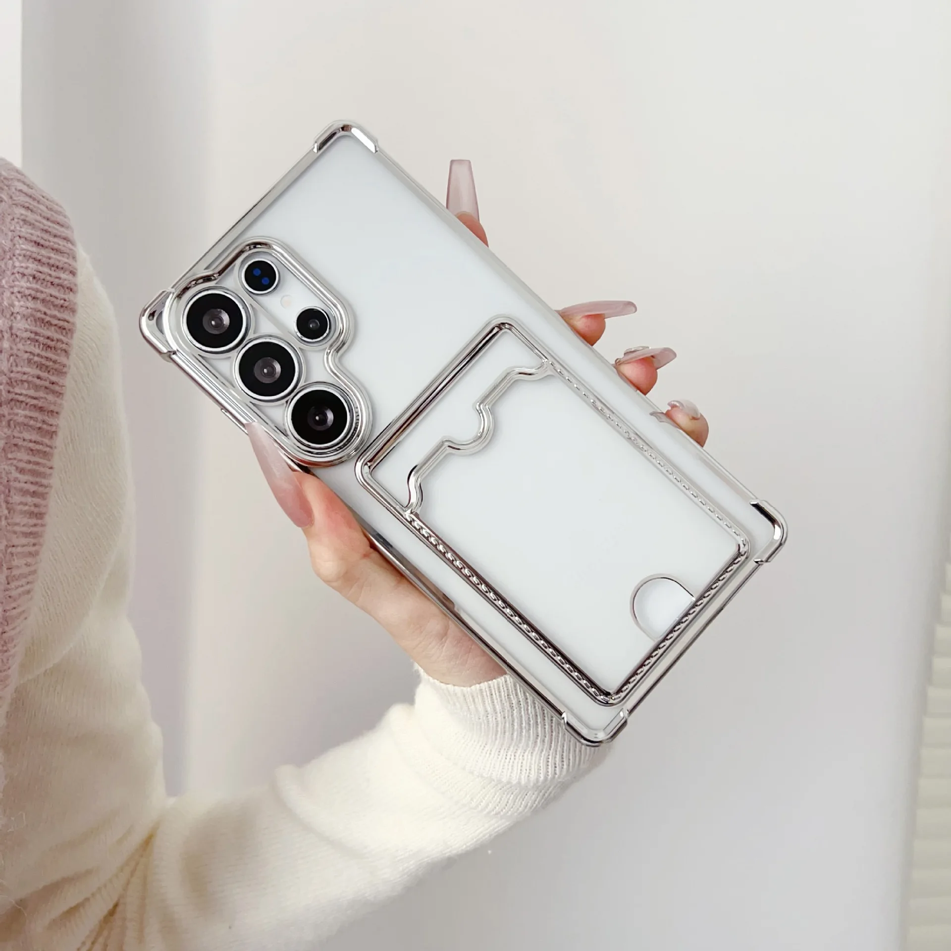 Capa de Telefone Transparente com Slot para Cartão e Acabamento Metalizado para Samsung Galaxy S26 S25 S24 S23 S22 S21 S20 Note20 Ultra S10 Plus FE Poket Cover