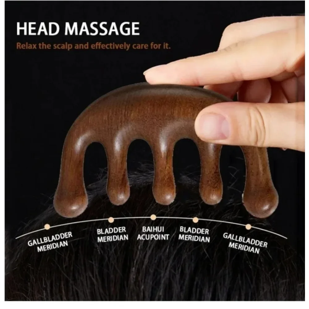 Sandalwood Massage Comb, Five-Tooth Whale Comb, Scalp Scraping Head Massager, Relaxing Body Massage Tool for Hair  Wellness image 2