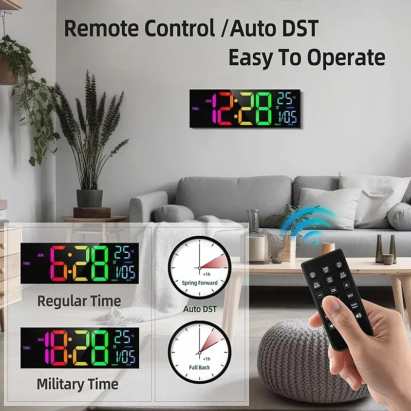 15.2 Inch Large Digital Wall Clock with Remote Control Mood Light 8 Clors RGB Dual Alarm Timing Countdown 12/24H LED Alarm Clock