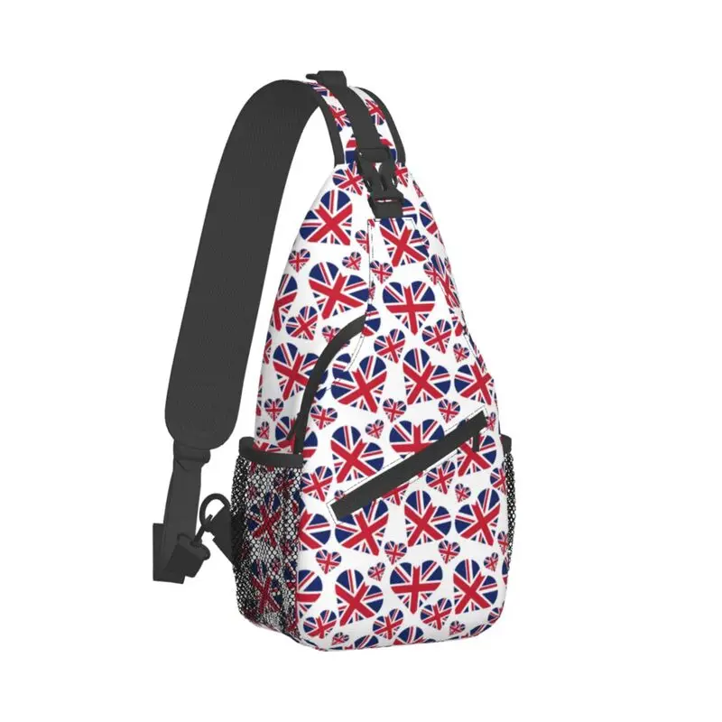 Serce torba ze sznurkiem flaga brytyjska mody męskiej United Kingdom UK dumny plecak torba Crossbody na klatkę piersiową na ramię plecak rowerowy Camping Daypack