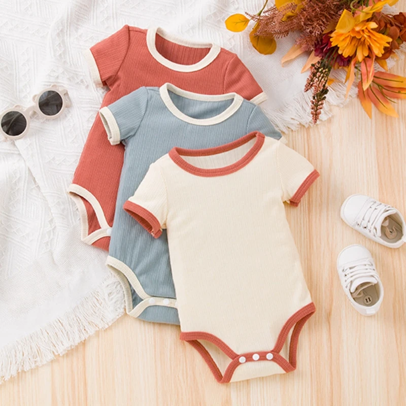 Summer Newborn Baby Girl Clothes Set Solid Color Unisex Ribbed Cotton Short Sleeve Bodysuits Baby Boy Clothes