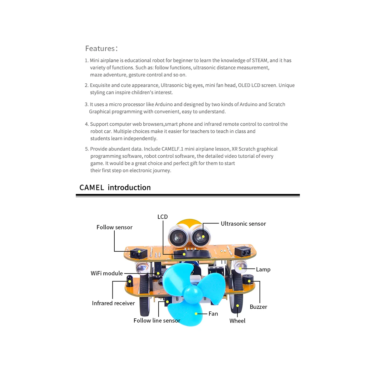 

Robot CamelF.1 Small Plane Graphical Programming Robot for R3 Motherboard Mixly/Scratch Programming Robot(WiFi)-hot parts