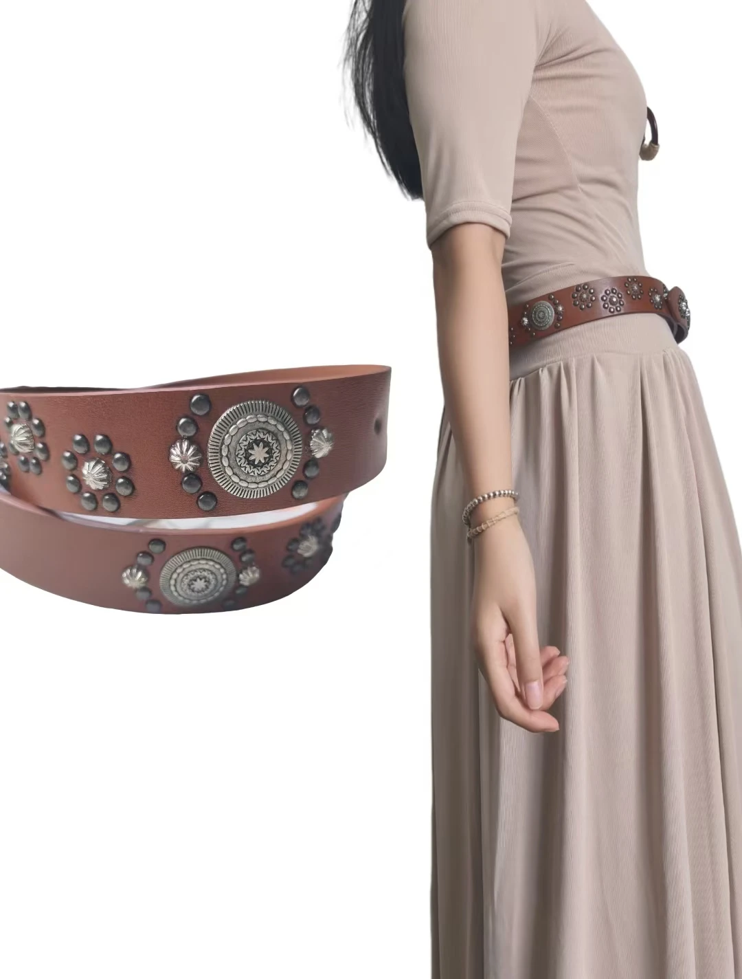 Vintage Western Brown Leather Belt, Sunflower Rivet Decorated Strap, American Hot Girl Pin Buckle Belt for Jeans Outfit