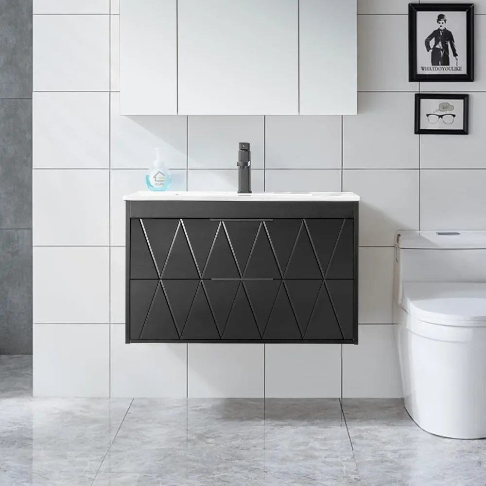 

30" Floating Bathroom Vanity w/ Sink - Wall-Mounted Cabinet w/ Decor Line & Soft-Close System"​