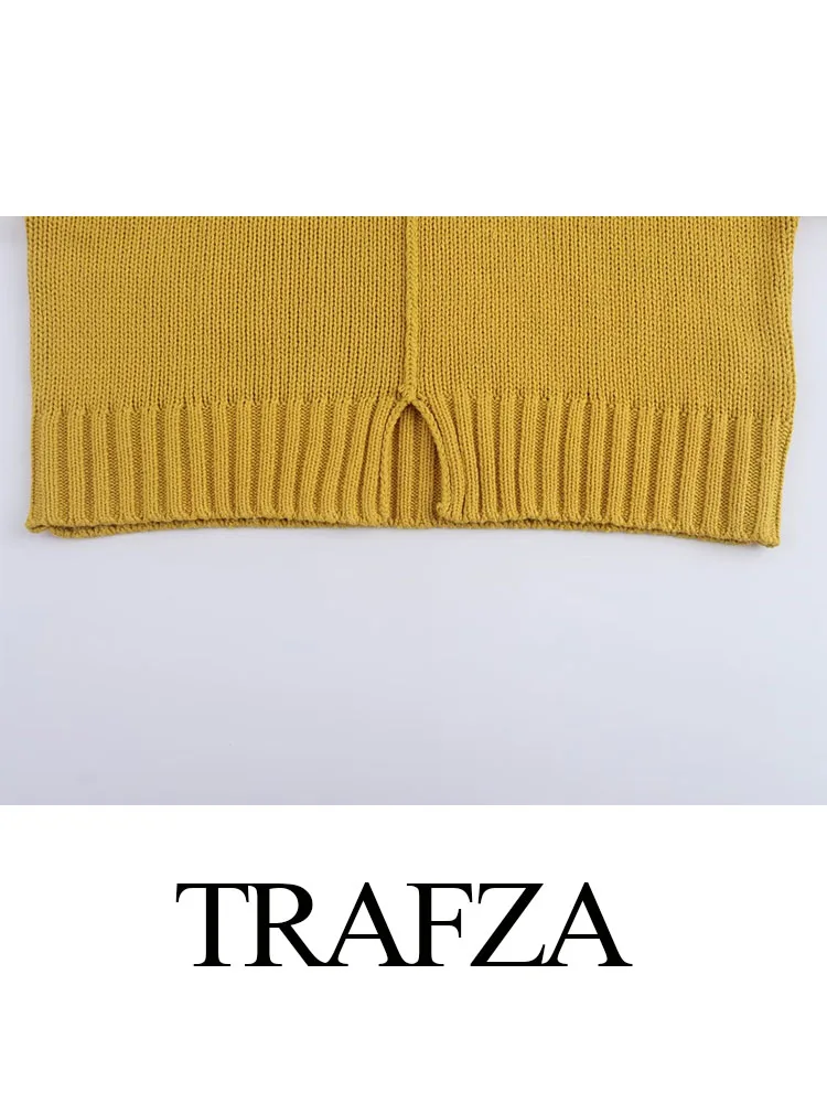 TRAFZA-suéter de punto con abertura para Mujer, Jersey elegante de manga larga con cuello redondo y costuras lisas, estilo callejero, otoño