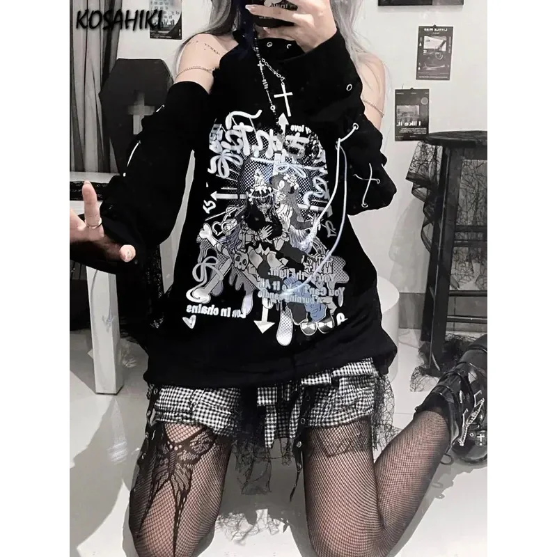 Y2k Aesthetic T-shirt Women Gothic Off Shoulder Long Sleeve Cartoon Print Graphic T Shirts Japanese Harajuku Grunge Tea