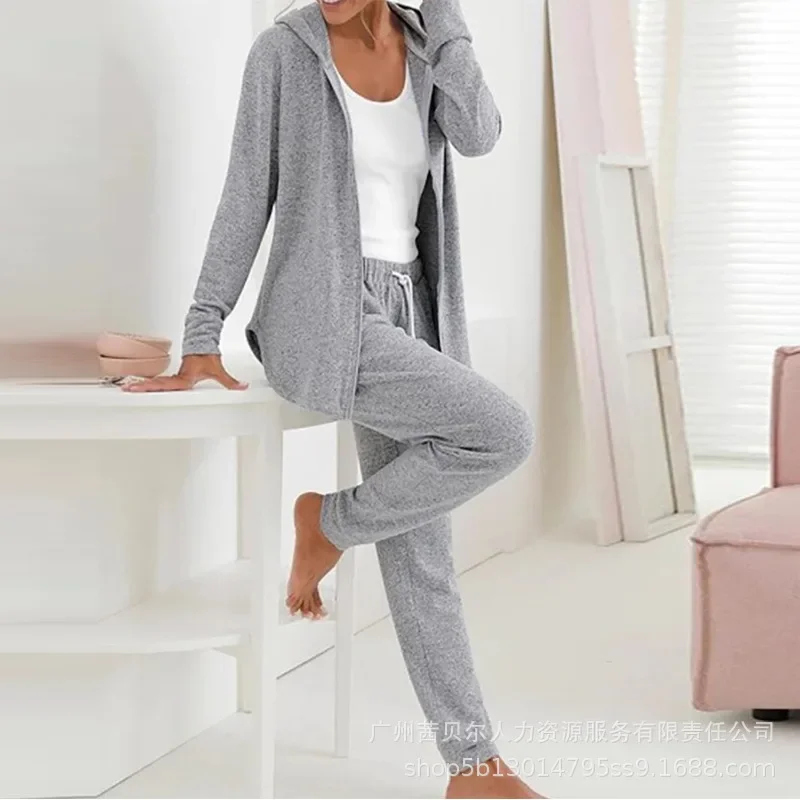 

Women Autumn Winter Trouser Set Pants Suit Solid Color Hooded Zippers Long Sleeve High Waist Pencil Pants Casual Fashion Regular