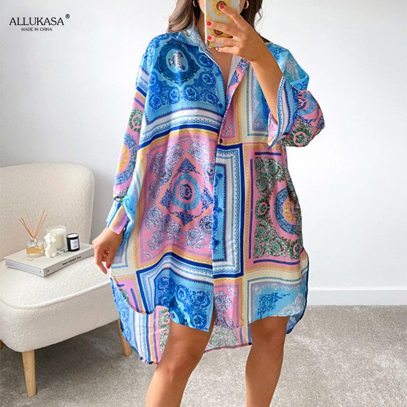 Abito camicia con stampa grafica Vintage abito Sexy da donna con scollo a V manica lunga blu verde allentato Beach Syle Party Mini abiti Casual