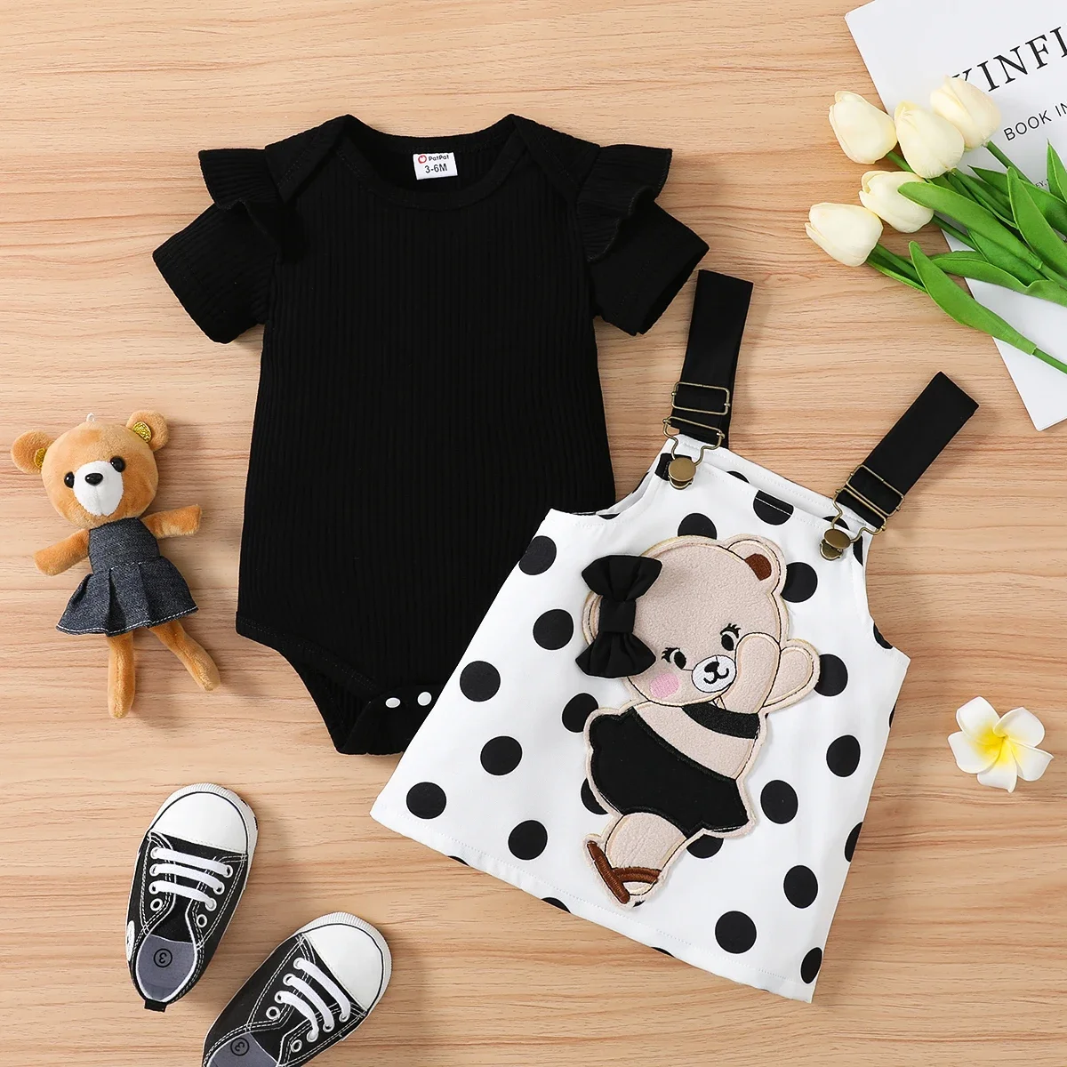 PatPat 2pcs Baby Girl 95% Cotton Ruffle Trim Short-sleeve Romper and Bear Graphic Polka Dots Overall Dress Set