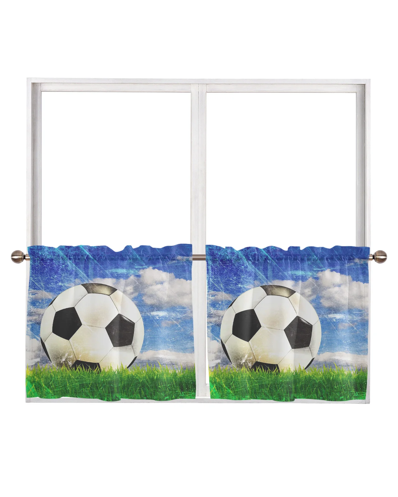 Football Sky Clouds Grass Soccer Rod Pocket Short Curtain Half-Curtain For Kitchen Door Drape Cafe Small Window Sheer Curtains