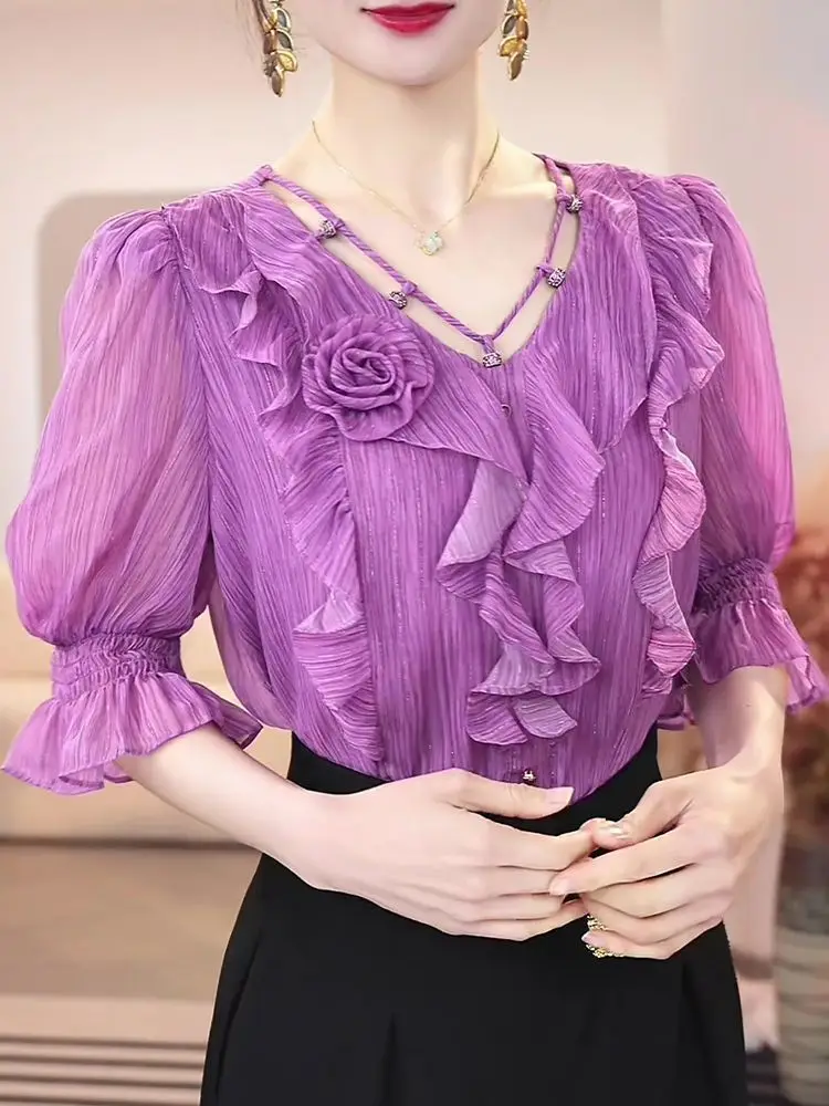 

French 3D Flower Ruffle Shirt Spring New Hollow V-Neck Chiffon