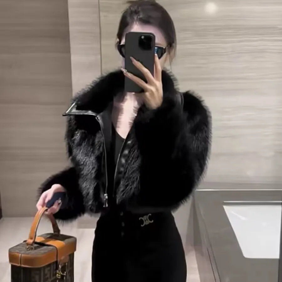 

Motorcycle Hot Girl Short Jacket 2025 Autumn Winter Faux Fur Plush Thick Jacket Korean Style Fashion PU Leather Fur Short Jacket