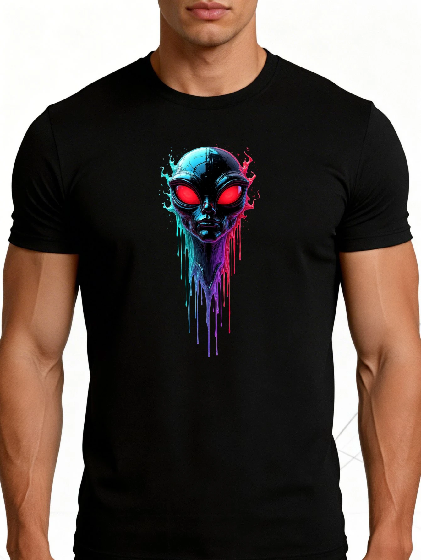Men's Graphic T-Shirt - Breathable, Soft, Lightweight - Flowing Color Alien Head Design - Retro Fun Graphic Casual Short Sleeve Summer Top, Gift for Him