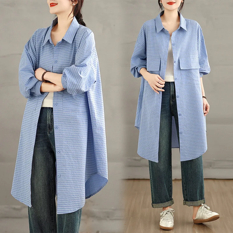 

Blouses Women Mid Length Shirt Turn Down Collar Full Sleeve Tops Y2k Streetwear Casual Lace Up Elegant Splice Shirts 2026 Spring