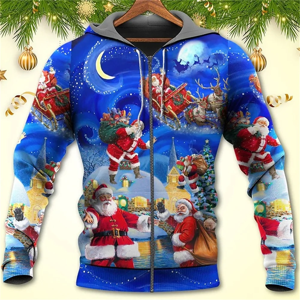 3d Christmas Festival Men\'s Zipper Hoodies Fashion Santa Claus Clothes For Men Clothing Oversized Tops Long Sleeve Sweatshirt