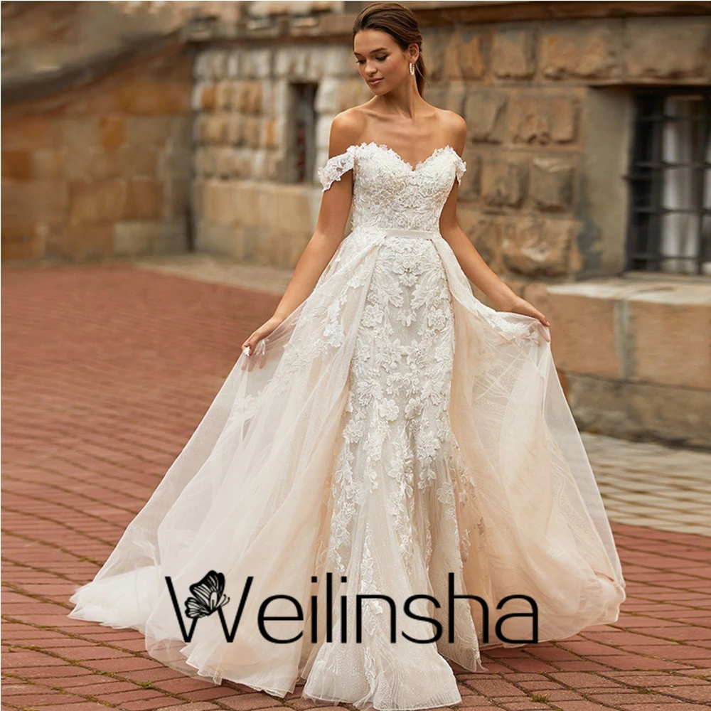 

Weilinsha Charming Sweetheart Off Shoulder New Bridal Gowns for Women Mermaid Luxury Detachable Train Wedding Dresses Summer