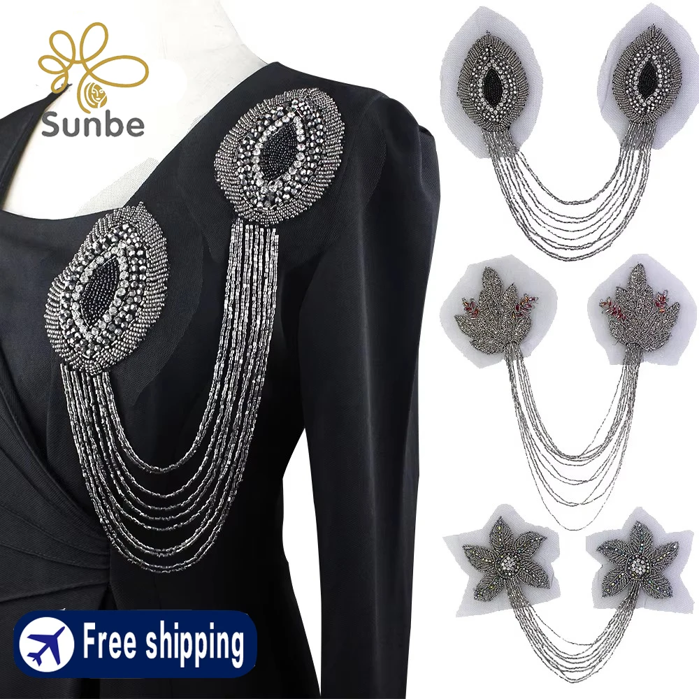 Handmade Epaulette Beading Tassel Rhinestones Crystal Floral Shoulder Epaulettes Patches Blazer Accessories 2 pieces