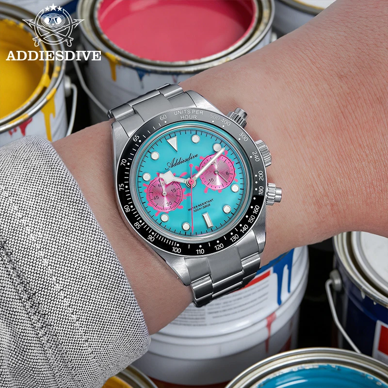 

ADDIESDIVE New Luxury Chronograph Watch VK64 Colorful Dial Quartz Ceramic Bezel 10Bar Waterproof Sport AD2520 Men's Watches