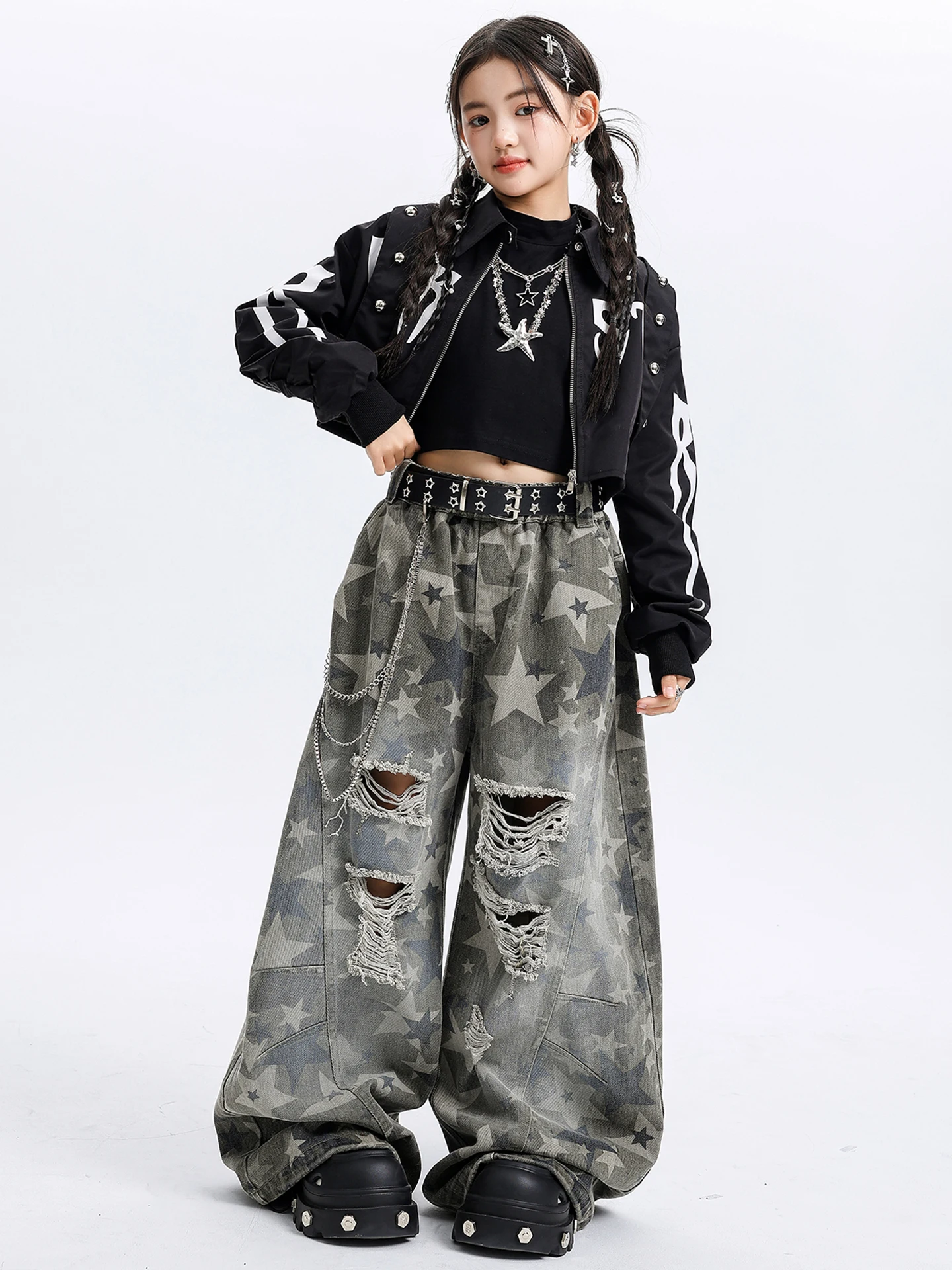 Stroje do tańca hip-hop dla dzieci na rok 2025, dla dziewcząt, krótki płaszczyk, luźne spodnie, odzież uliczna, taniec jazzowy, ubrania rave, DQS21347