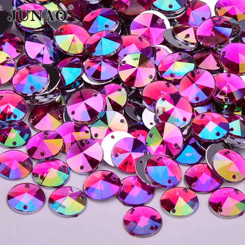 JUNAO 1000pc 10mm Sew On Crystal AB Rivoli Rhinestone Applique Round Flatback Acrylic Gems Sewing Strass Stones For Dress Crafts