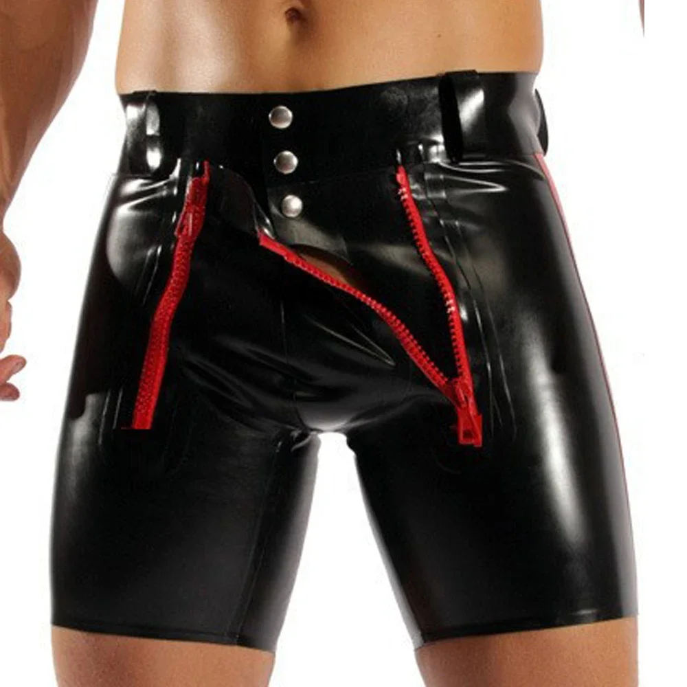 Tight Black PU Leather Shorts Men Latex Pants Lace-Up Bondage Jockstrap Lingerie Open Crotch Gay Boxers Panties