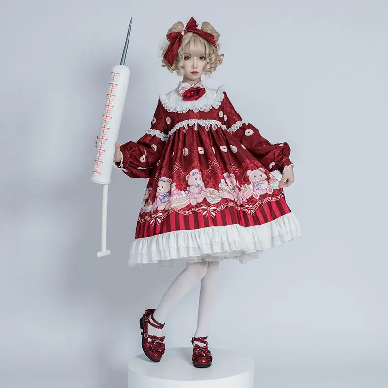 Vestido de enfermeira Lolita com laço laço e urso impressão, Vestido Kawaii, Manga comprida, Doce e fofo, Lolita, Gêmeos OP