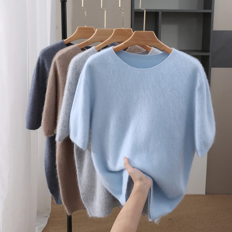 

100% норковый вязаный мужской пуловер с коротким рукавом, свободная рубашка с круглым вырезом, однотонная простая футболка с коротким рукавом, повседневная рубашка