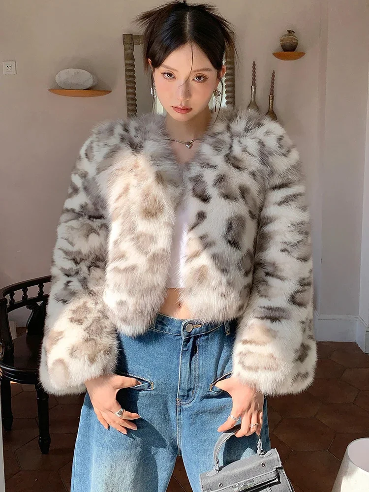 Real Leopard Fur Winter Coat for Women Short Fashion Tie-dye Natural Fox Shaggy Jacket Streetwear manteau fourrure femme