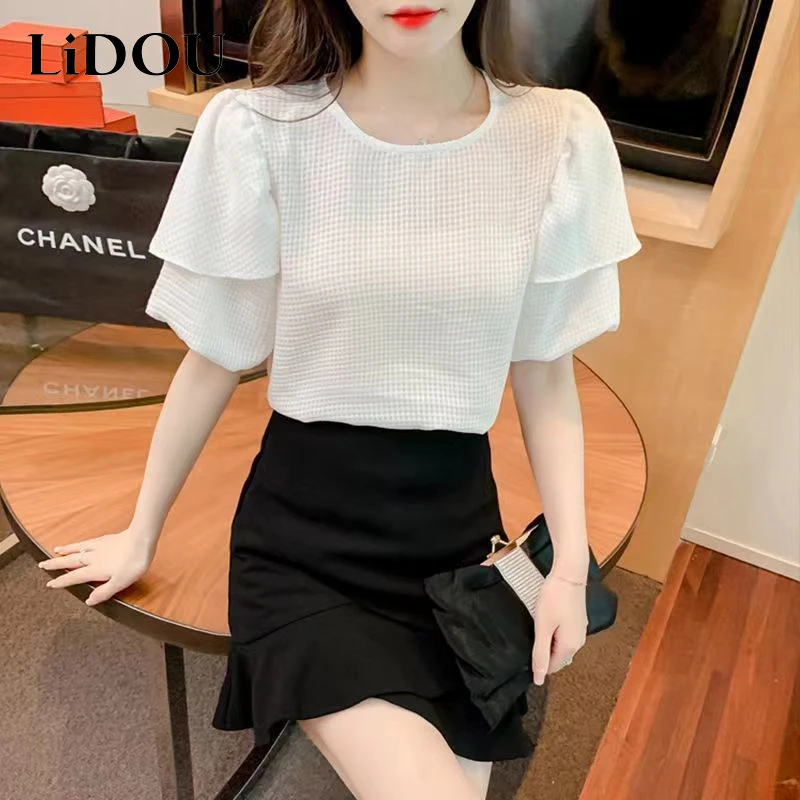 

2023 Summer New Women's Clothing Round Neck Solid Color Waffler Pleated Puff Sleeve Tops Women Fashion Elegant Casual T-shirt