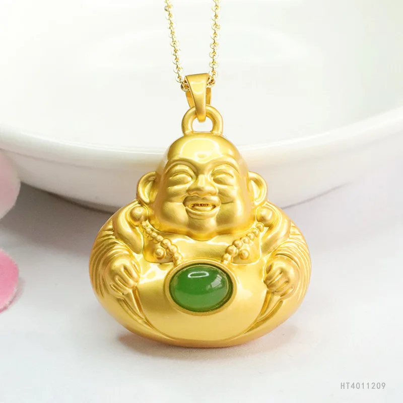 

Natural Green Hetian Jade Laughing Buddha Pendant Zen Meditation Amulet Spiritual Gift HT4011209