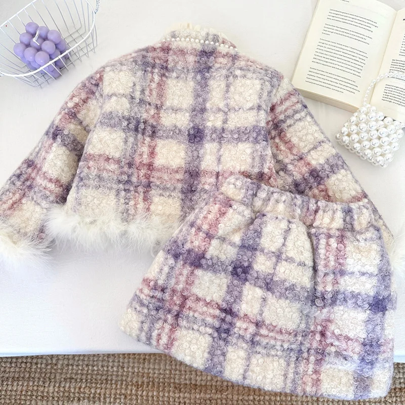 Girls temperament chiffon padded suit winter 2025 new baby pearl tweed half-body skirt two-piece set 90-140cm