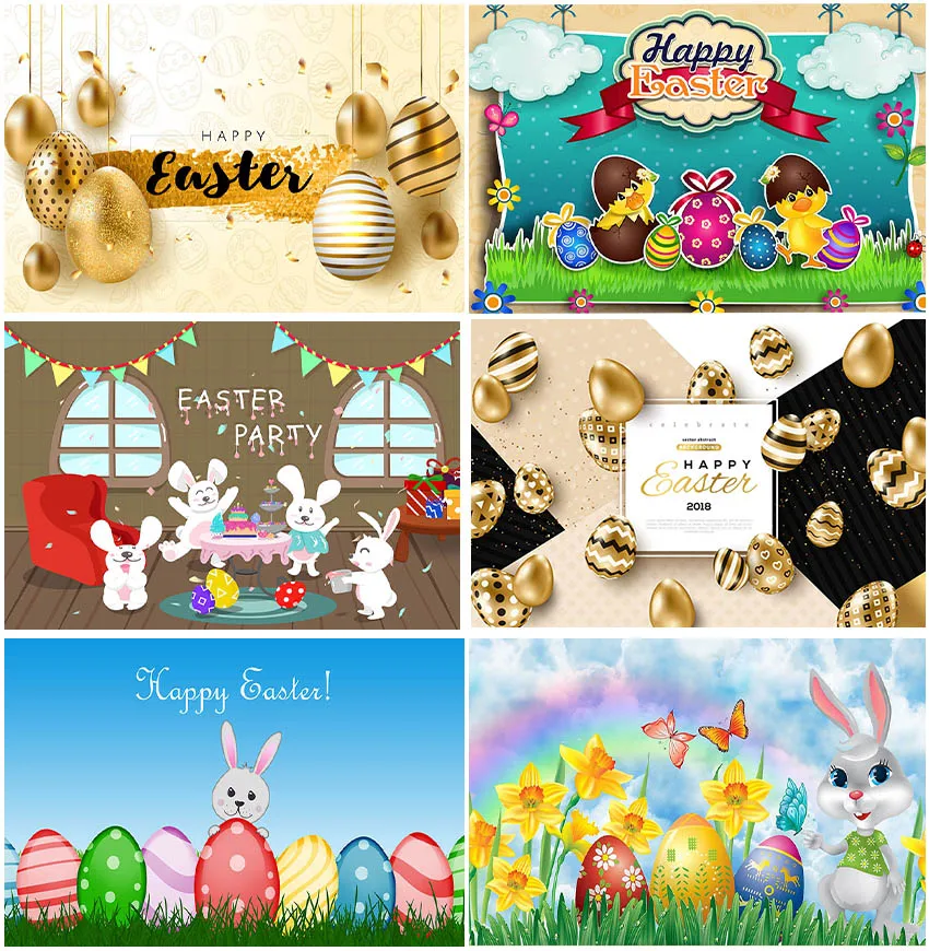 Happy Easter Celebration Party Golden Eggs Backdrop Spring Rainbow Butterflies Bunny Poster Banner Backgrounds Photography Decor