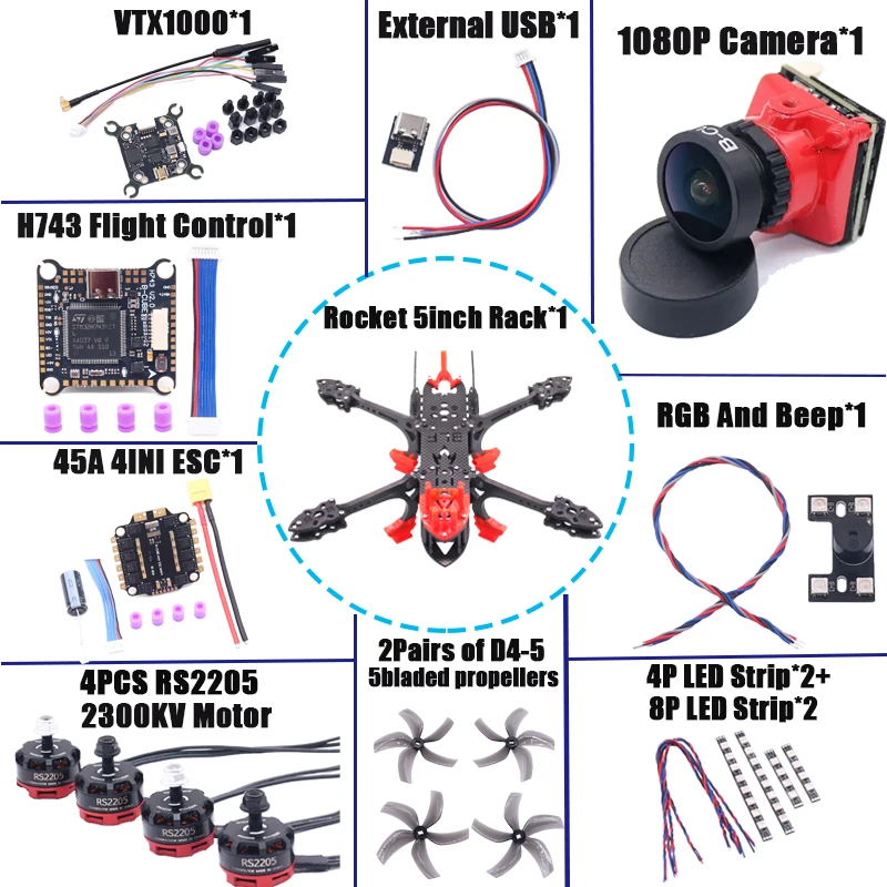 B-CUBE Rocket 5 pulgadas FPV Drone marco Kit fibra de carbono Racing Quadcopter estilo libre INAV Beatflight F722 Ardupilot Control de vuelo