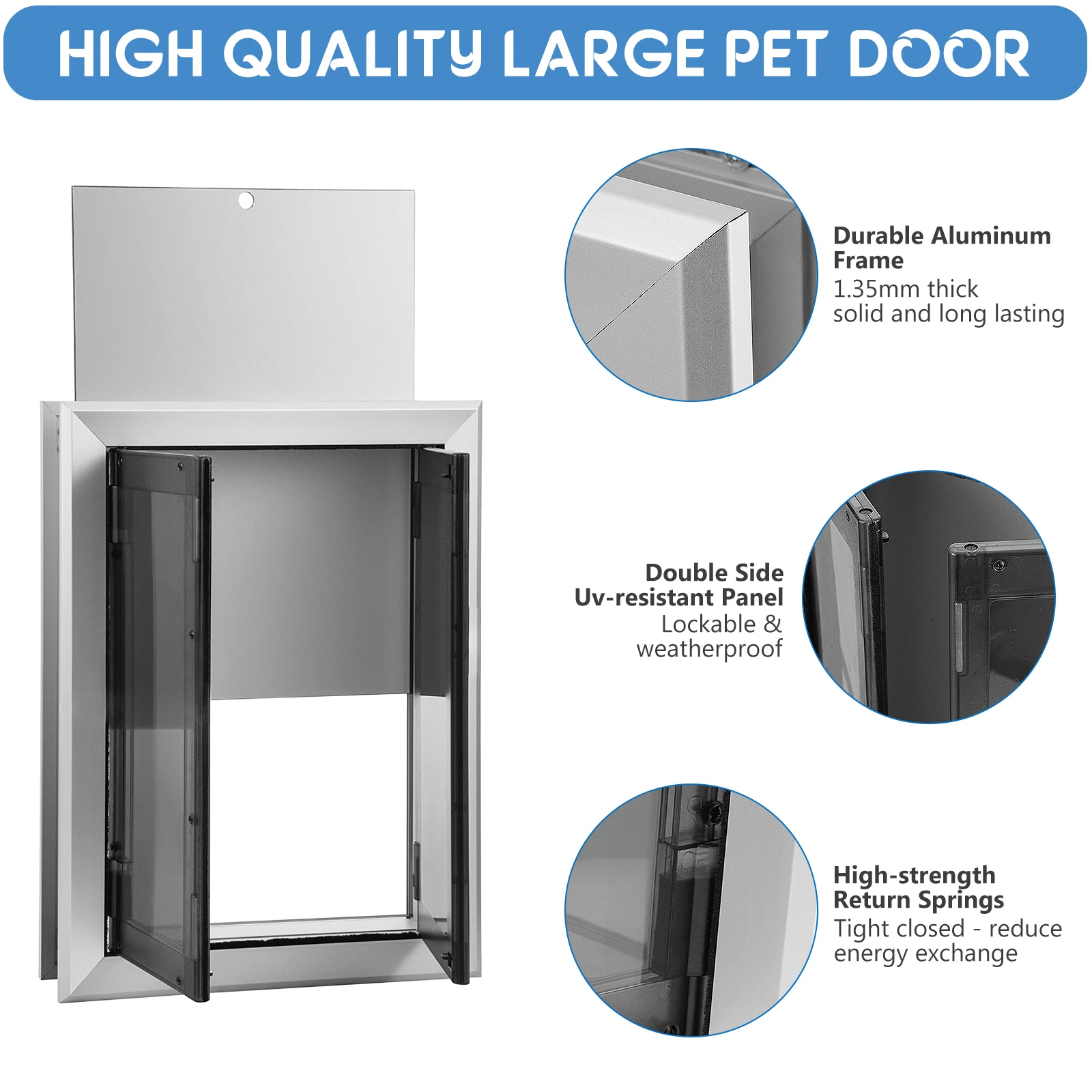 Weatherproof Aluminum Exterior Door with Automatic Closing, Double Panels, Dual Flap, Insulated Pet Door for Large Dogs