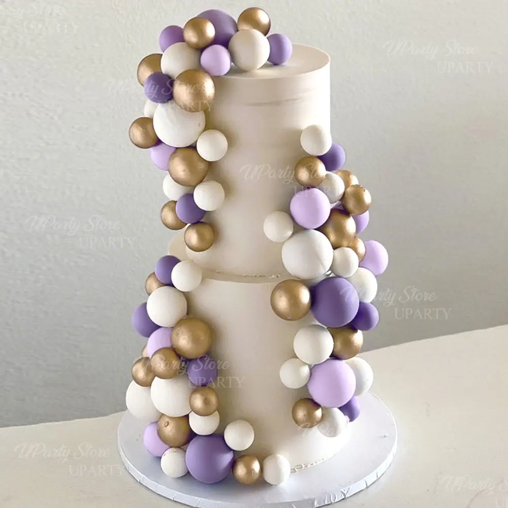 60pcs Gold Purple Balls Cake Toppers 2-4cm White Gold Lavender Purple Cake Balls for Birthday Wedding Cupcake Cake Decor Favor
