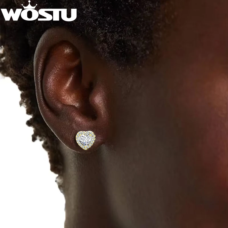 

WOSTU Wedding Jewelry 925 Silver Round Heart Square Stud Earrings, Women 18K Gold AAA Zircon Ear Studs Pendiente Engagement Gift