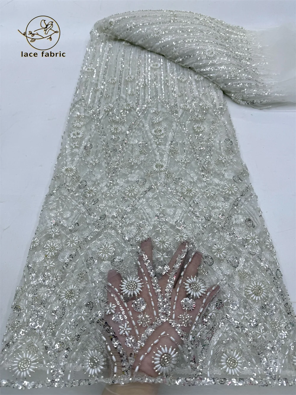 

Luxury White French Sequins Tulle Lace Fabric 2024 High Quality African Nigerian Embroidered Beaded Lace Fabric For Dress Sewing