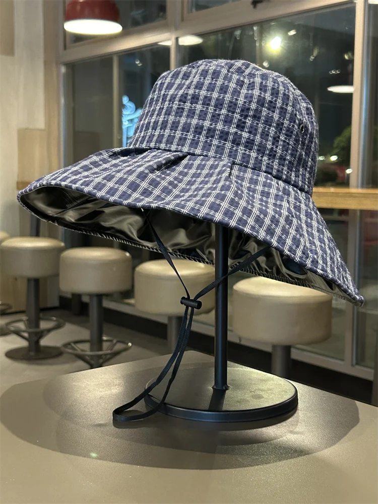 

Summer big eaves plaid bucket hat women's outdoor travel sun protection visor hat showing washbasin hat
