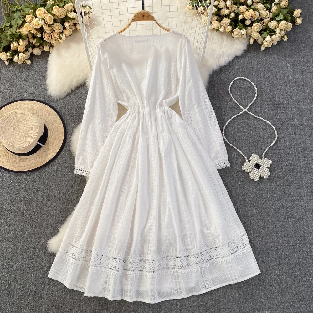 Summer Chic and Elegant Dress for Women White Lace Patchwrok Hook Flowers Deep Neckline Bohemian Dresses Beach Vacation New In