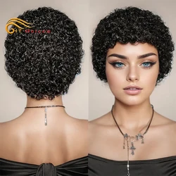 Short Afro Kinky Curly Hair Wigs For Women Human Hair African Fluffy Wig With Bangs Full Machine Made Pixie Cut Hair Wig