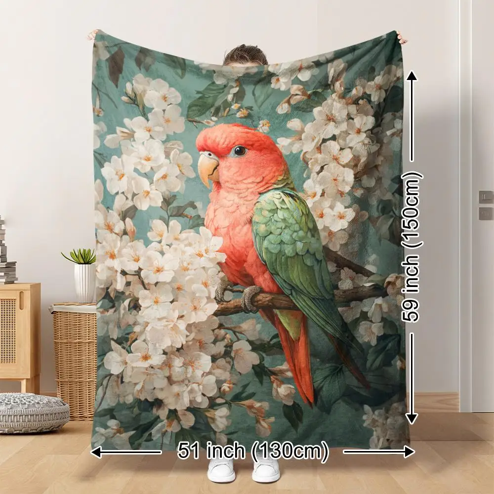Parrot White Floral Flannel Throw Blanket Vintage Bird Flower Print Soft Lightweight Blanket for Sofa Bed Camping All Season