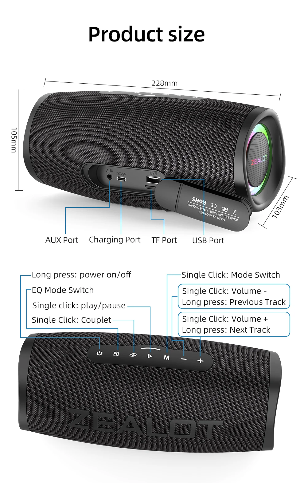 Zealot_S56 40W Tragbarer Lautsprecher Bass-Subwoofer Kabellos IPX6 Wasserdicht TWS 8800mAh Outdoor-Reiselautsprecher USB/TF/AUX – Detail 1